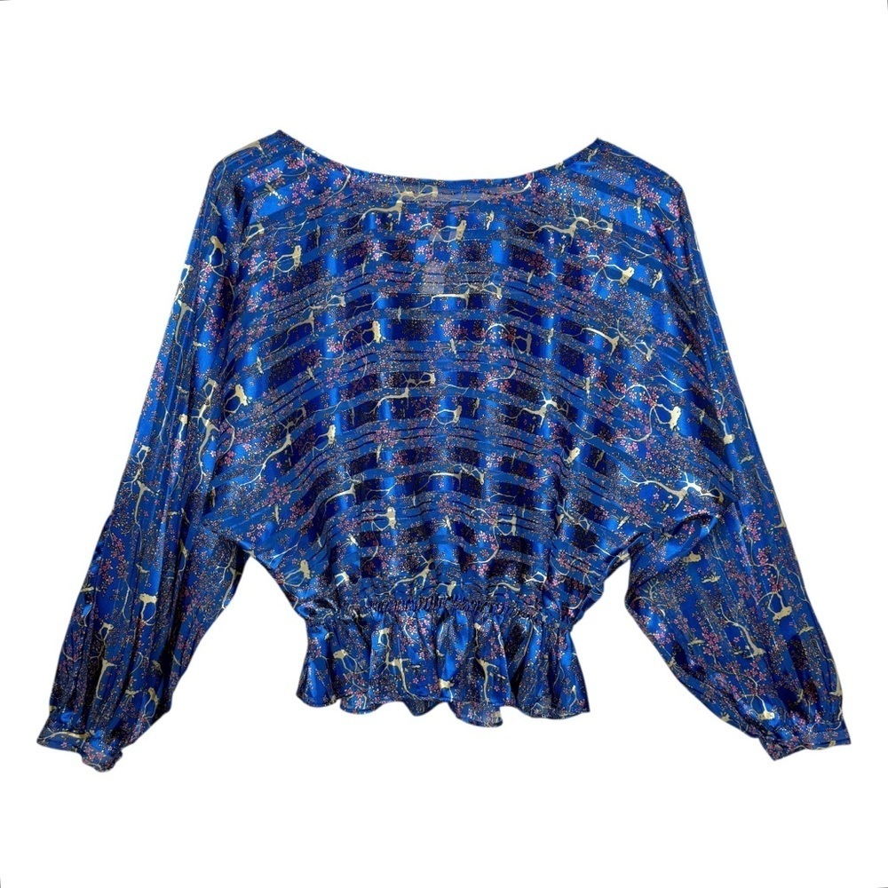Free People Blue Floral Metallic Boho Festival Top Dolman Sleeved Blouse Sz M - Picture 2 of 13